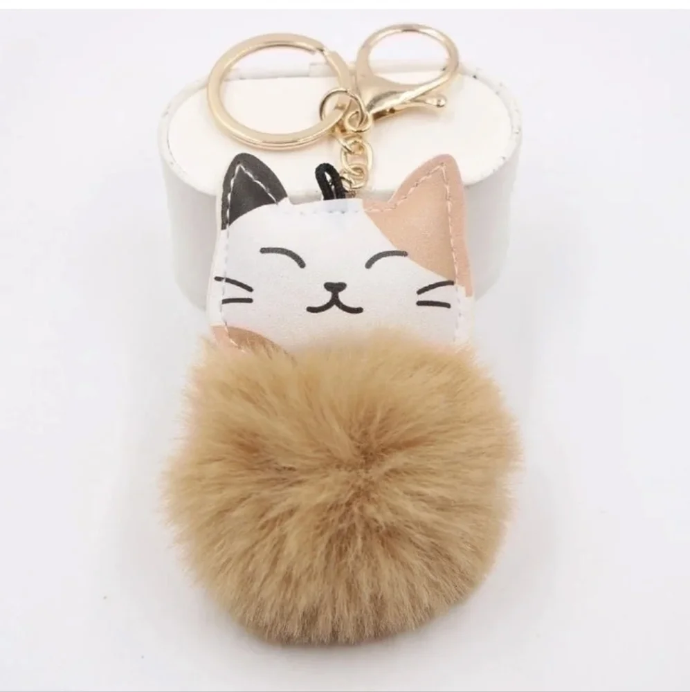 Cute Cat Keychain with Fluffy Caramel Pom Pom